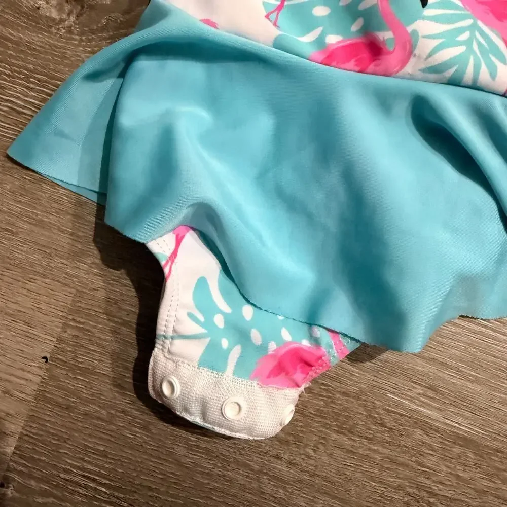 Flamingo Swimsuit Baby Blue Pink One Piece Skirt 12-18 Months